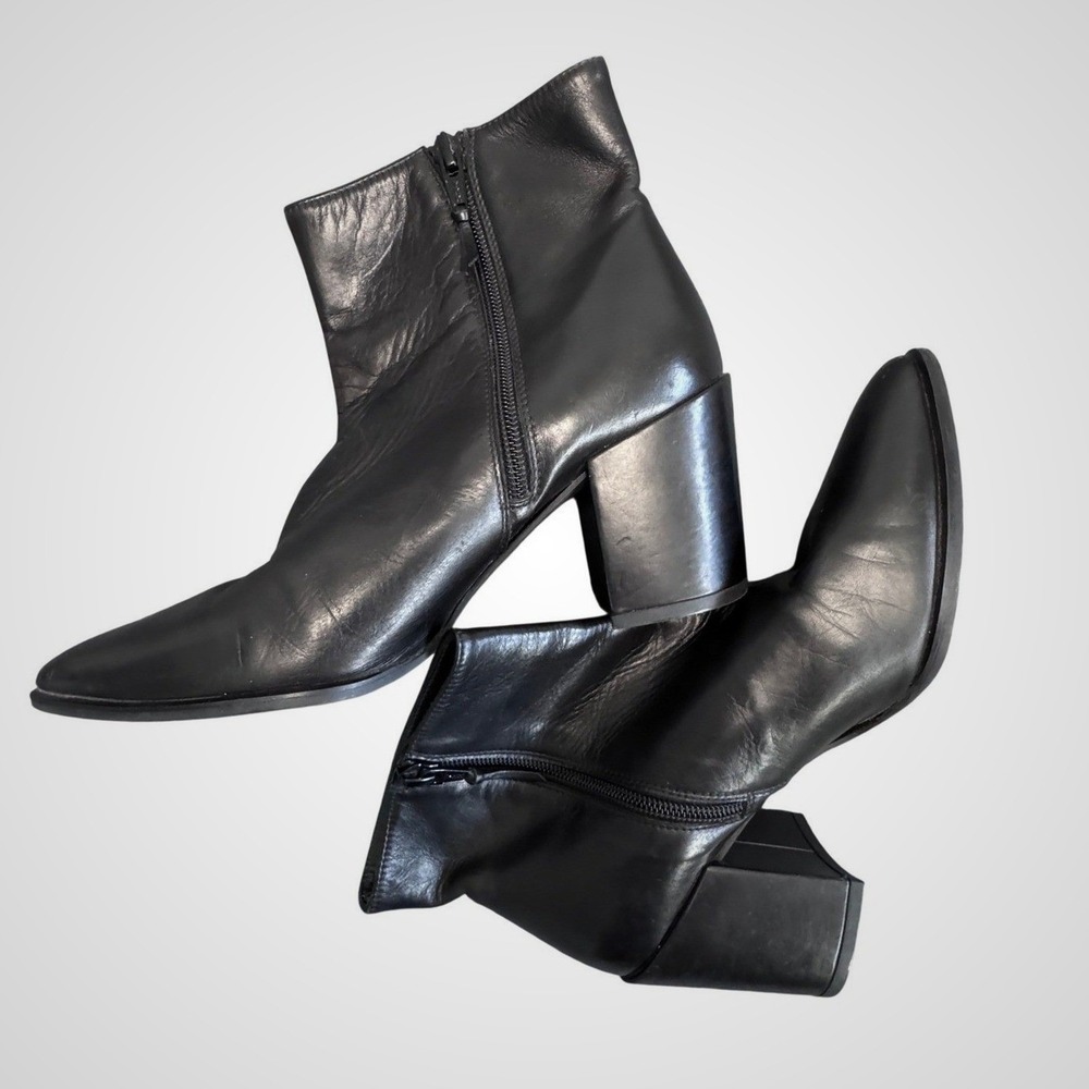 Stuart Weitzman Black Leather Pointed Toe Block Heel Ankle Boots Womens 6.5M